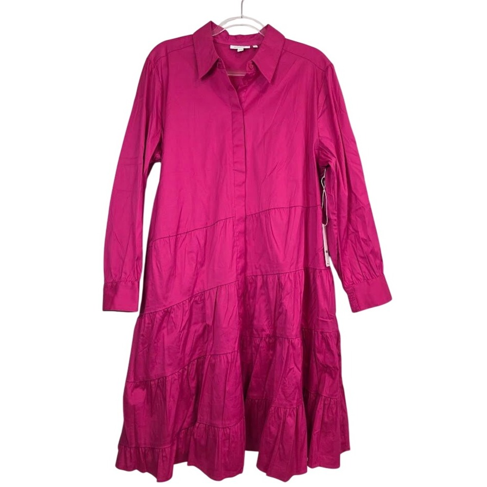 Chico's Womens 18/3.5 Asymmetrical Tiered Shirtdress Primrose Pink Cotton Poplin